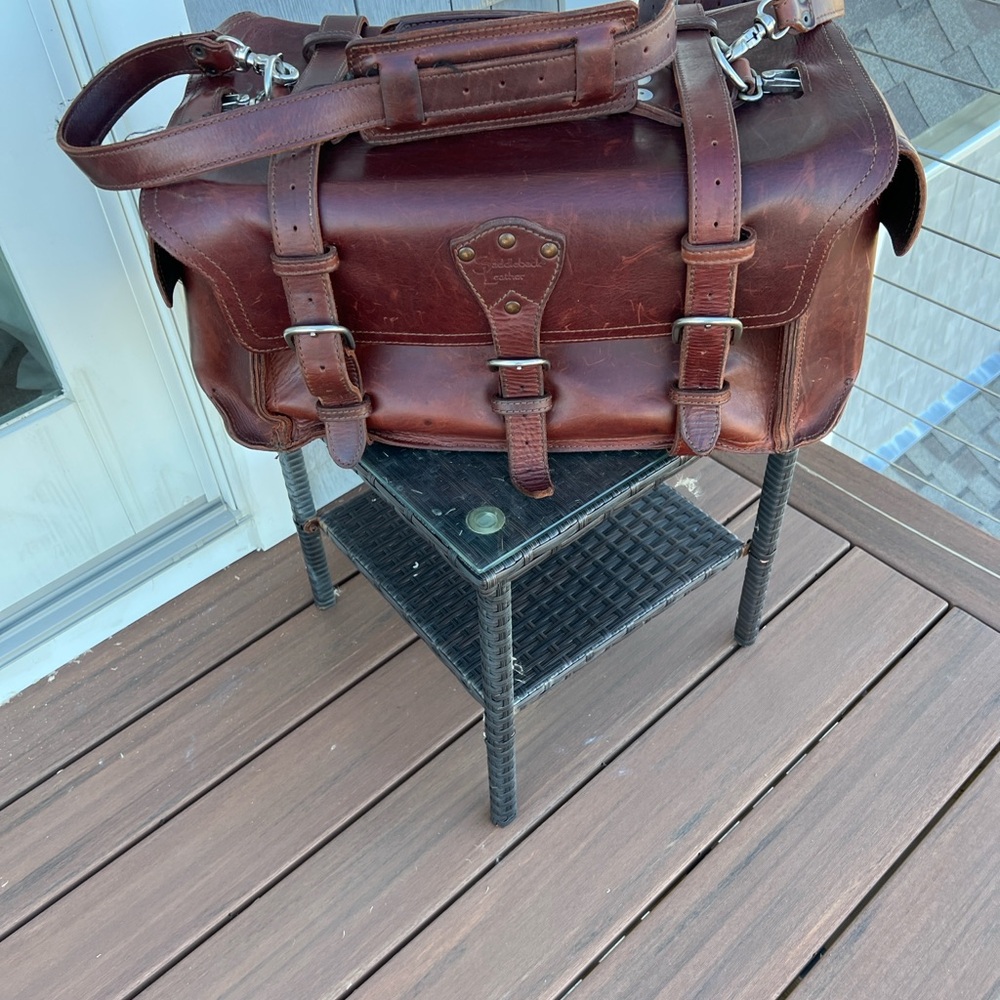 Saddleback leather - side pocket leather duffel bag.